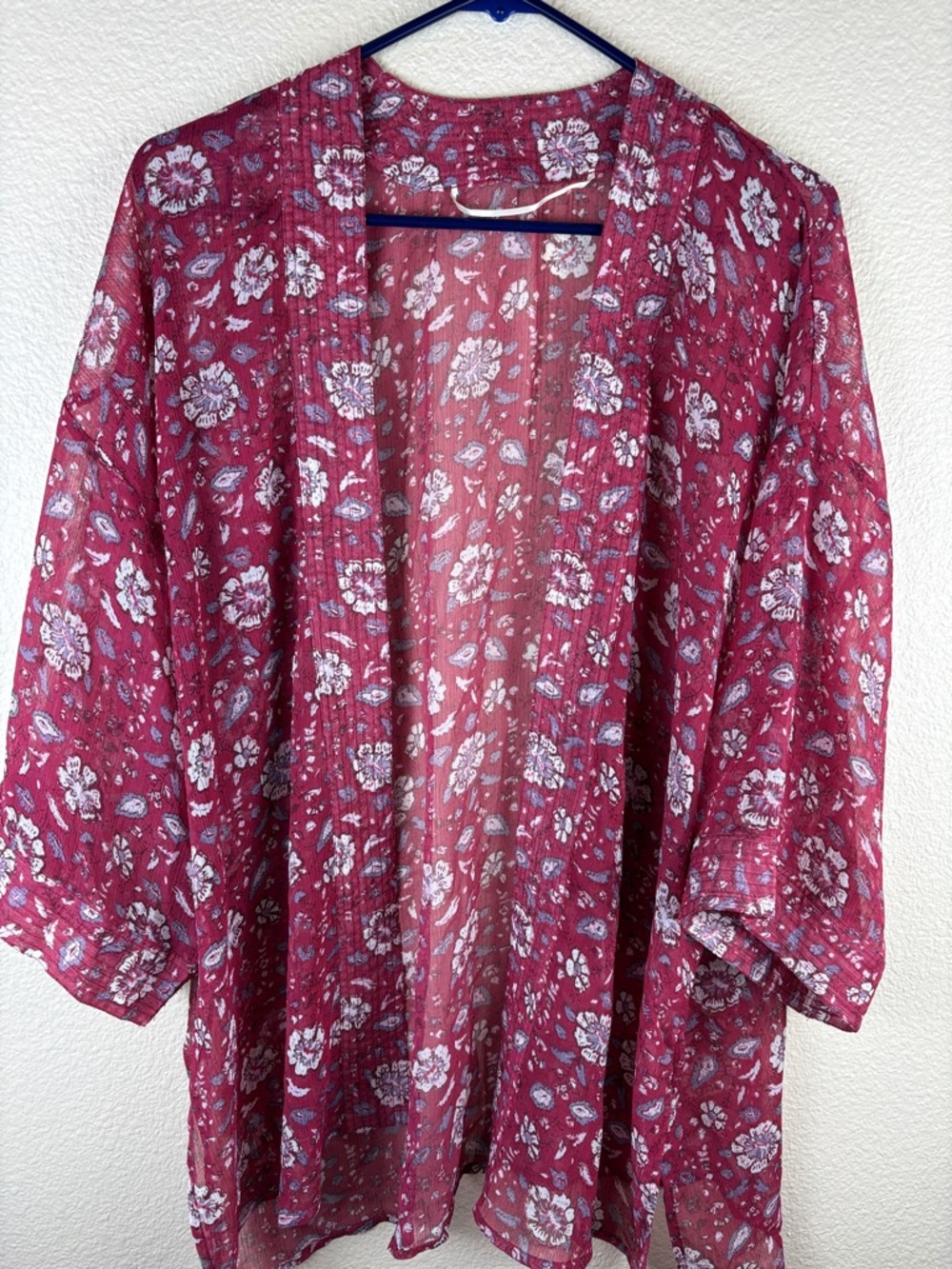 Women's Floral Cranberry Red Print Kimono Sleeve Open Front Cardigan M/L
